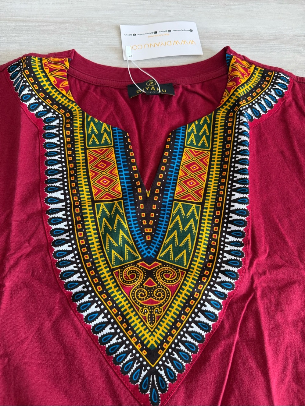 D’lyanu African Printed T-Shirt Maroon Medium Nwt In Package — image 6 of 8